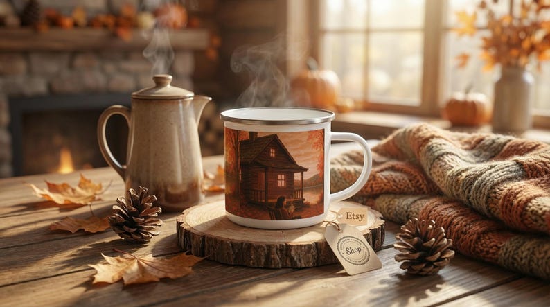 Taza esmaltada con diseño de cabaña otoñal en el lago / Taza de café con paisaje rústico otoñal imagen 1