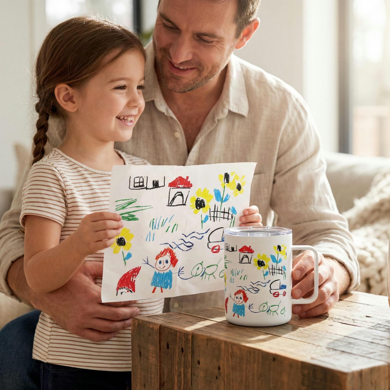 Father and daughter looking at her original crayon drawing beside the insulated mug printed with the same drawing