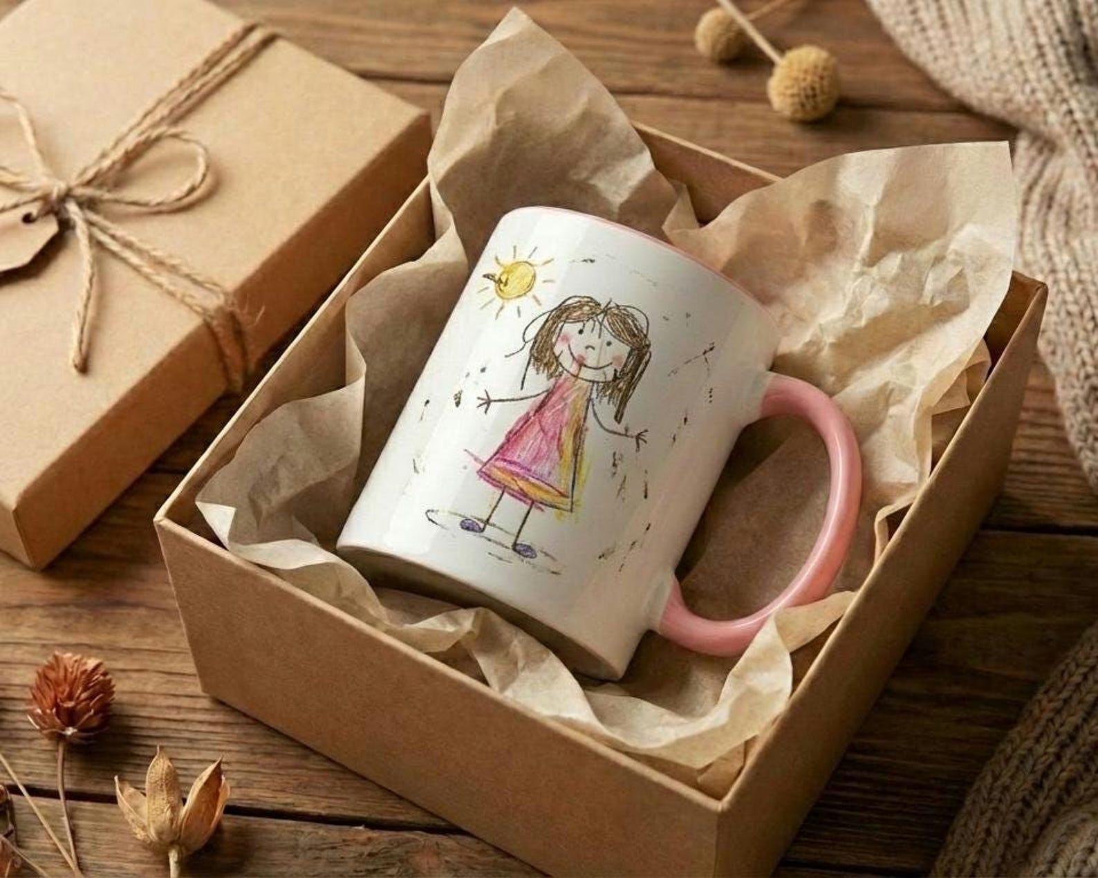 Personalized mug with a pink handle, printed with a child's drawing of a girl in a dress, nestled in tissue paper inside a gift box