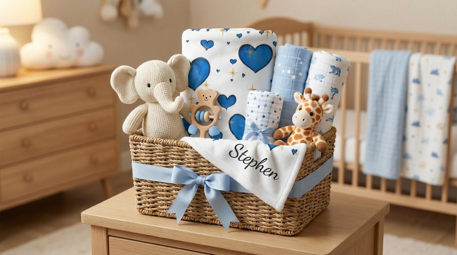 A woven gift basket with baby items and a plush blanket personalized with the name "Stephen", peeking out among stuffed animals