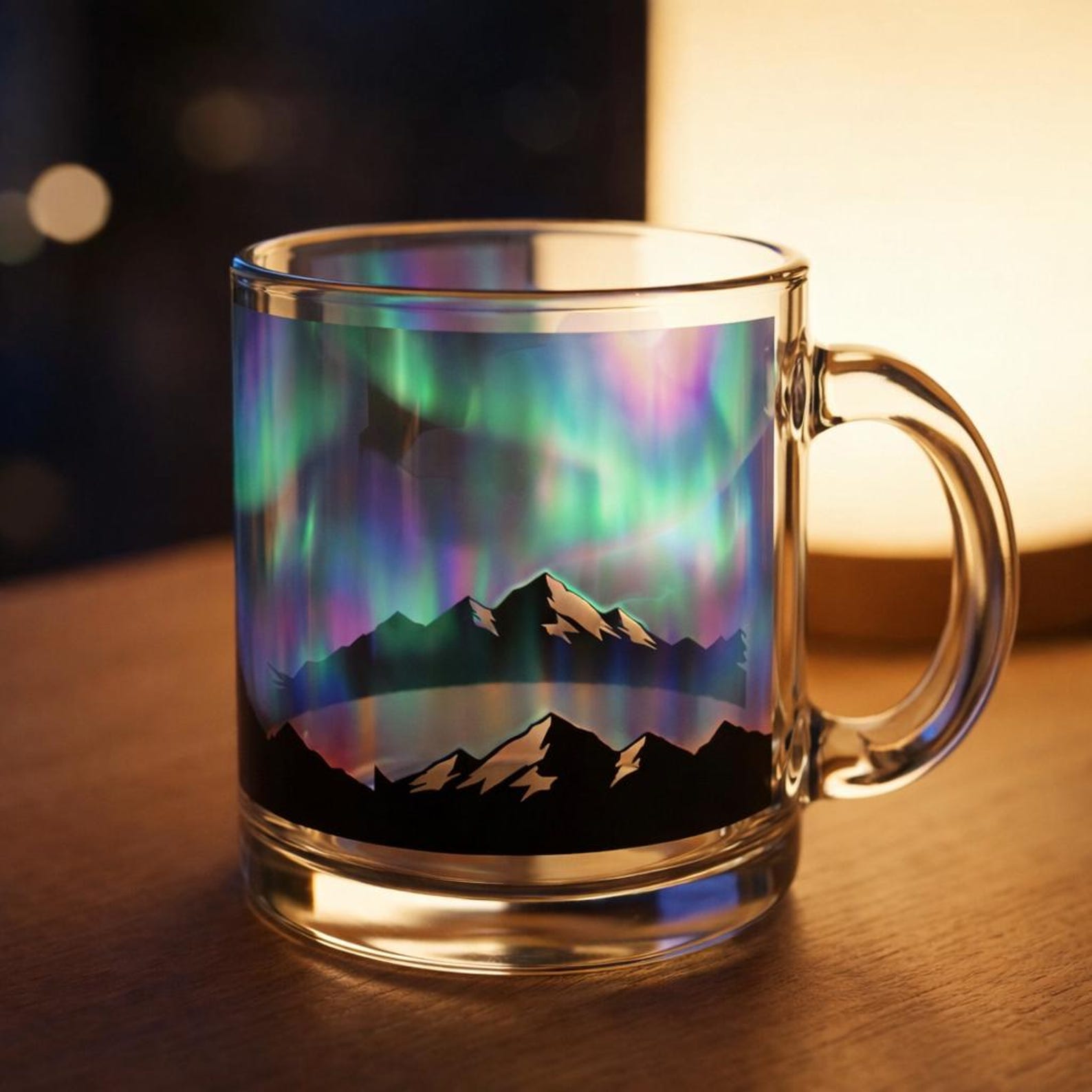 Aurora borealis glass mug on a wooden table lit by warm lamplight, showing the iridescent northern lights design