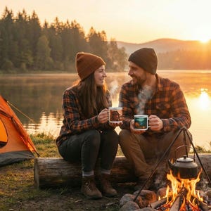 Taza esmaltada con diseño de cabaña otoñal en el lago / Taza de café con paisaje rústico otoñal imagen 5