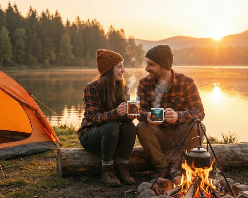 Taza esmaltada con diseño de cabaña otoñal en el lago / Taza de café con paisaje rústico otoñal imagen 5