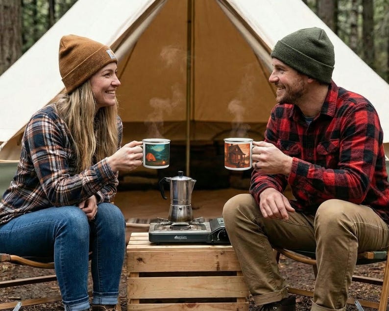 Taza esmaltada con diseño de cabaña otoñal en el lago / Taza de café con paisaje rústico otoñal imagen 3