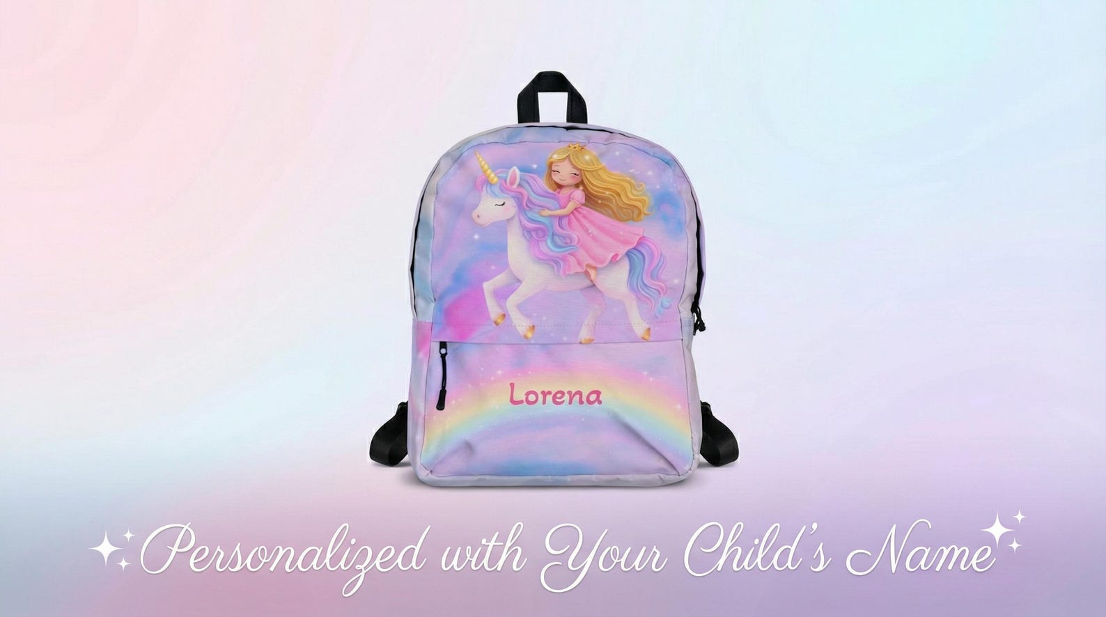 The unicorn backpack shown from the front, displaying the personalized name