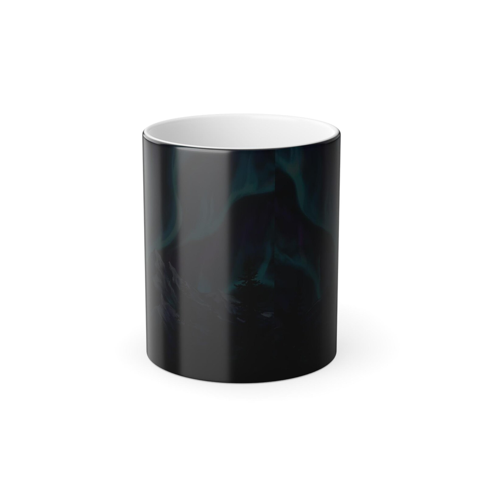 The mug in its original all-black state before heat activates the color-changing design