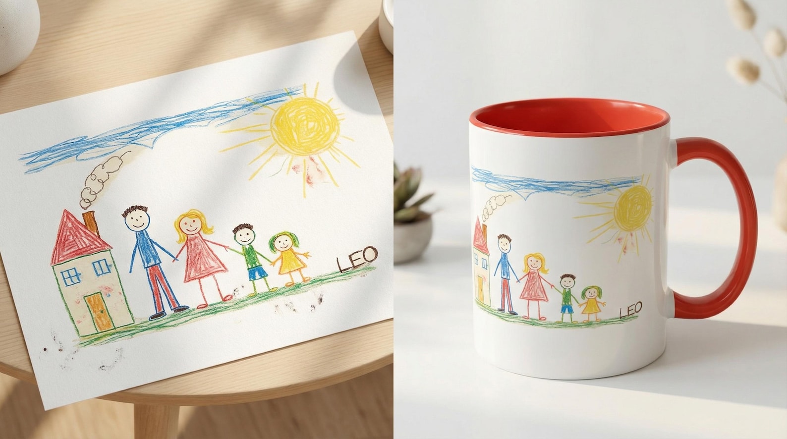 Side-by-side of a child's crayon drawing of a family and house, and the same drawing printed on a white mug with a red interior and handle, personalised with the name Leo