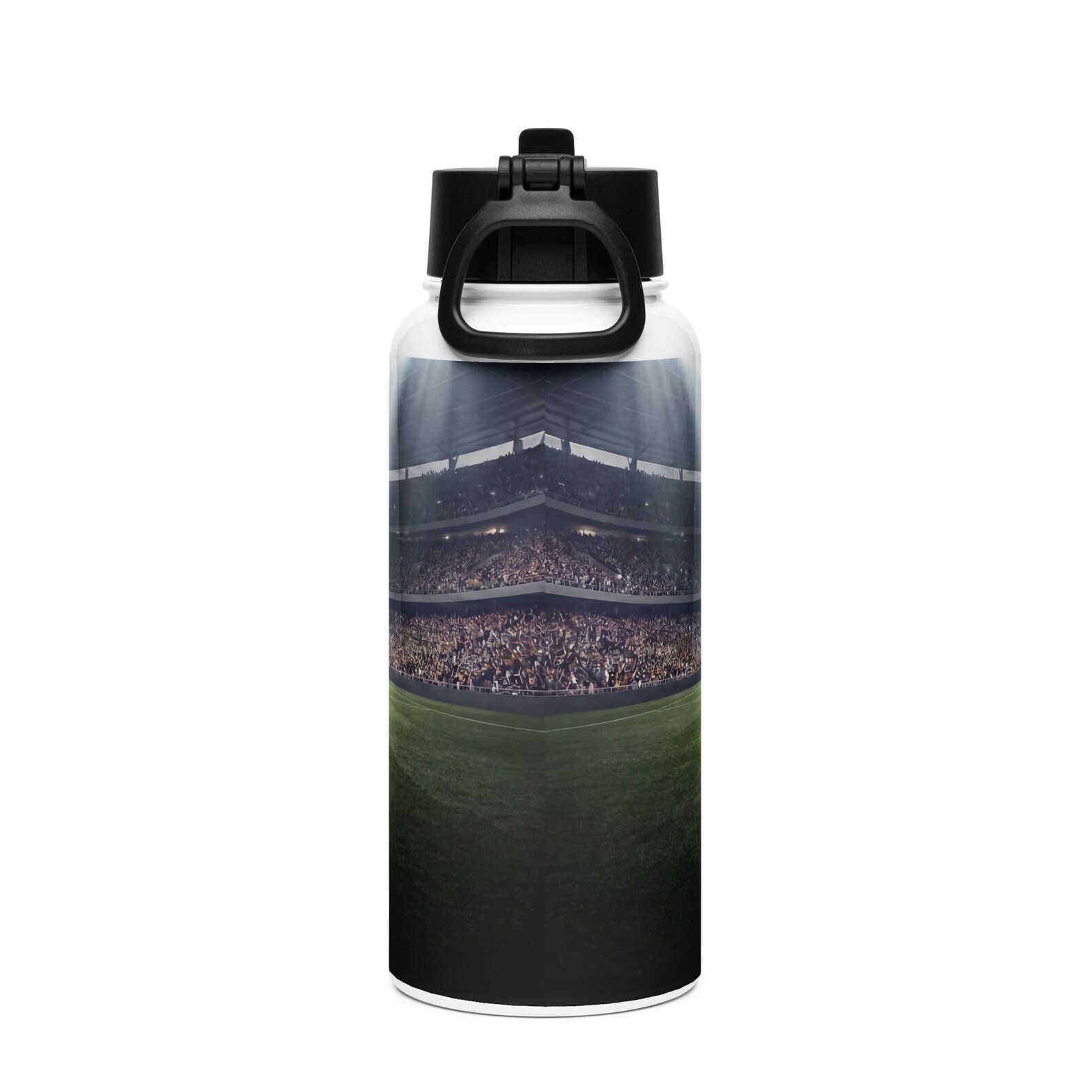 Close-up of the soccer water bottle's straw lid and rotating handle