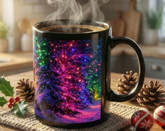 Taza con luces de árbol de invierno de colores / Bosque invernal, cerámica negra