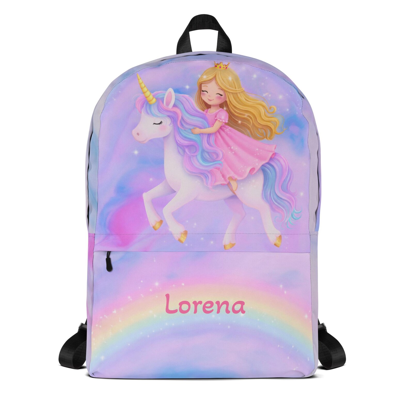 Studio shot of the pastel unicorn backpack showing the full rainbow and princess design