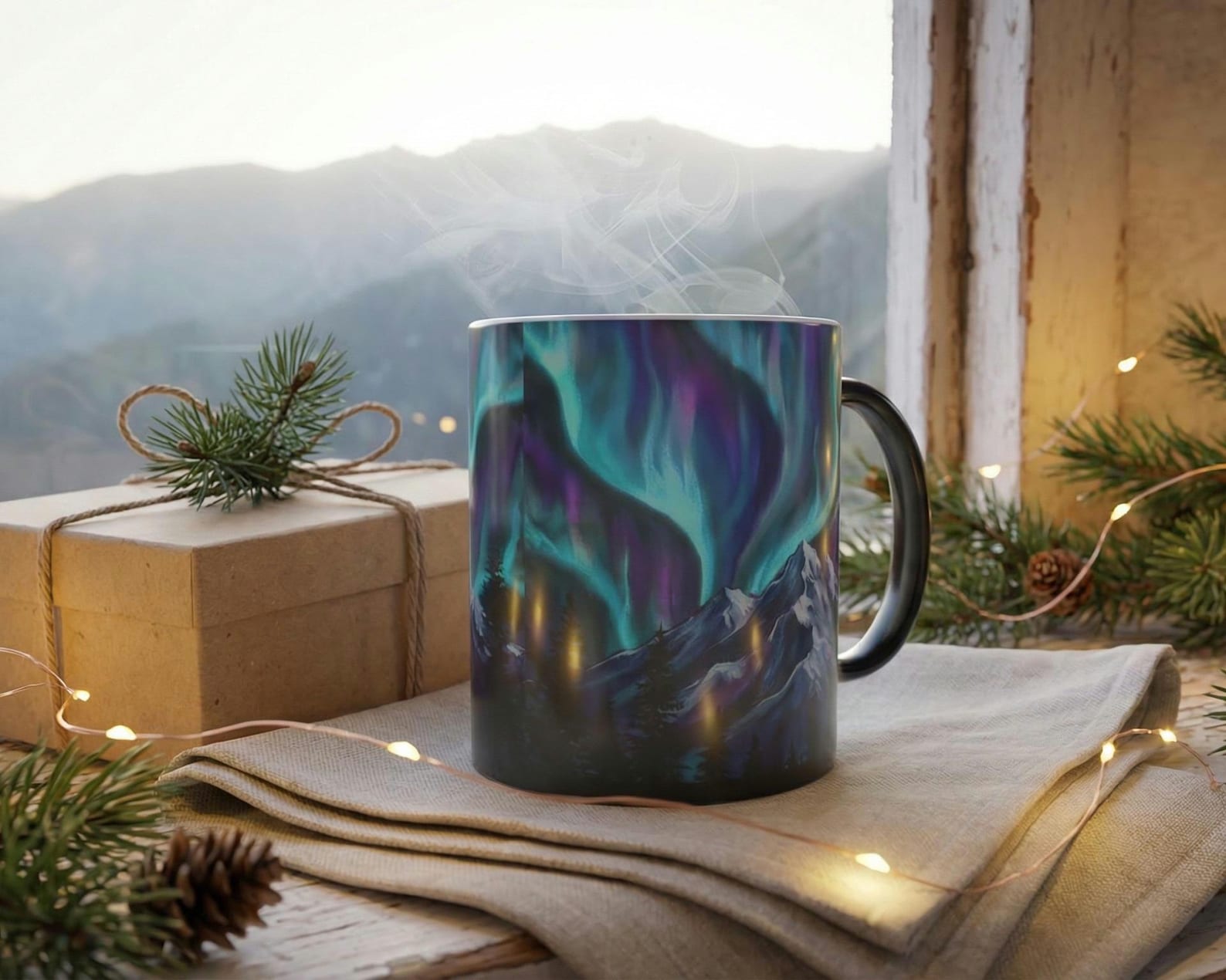 The color-changing mug on a windowsill with pine branches, string lights, and a wrapped gift box, aurora design fully revealed