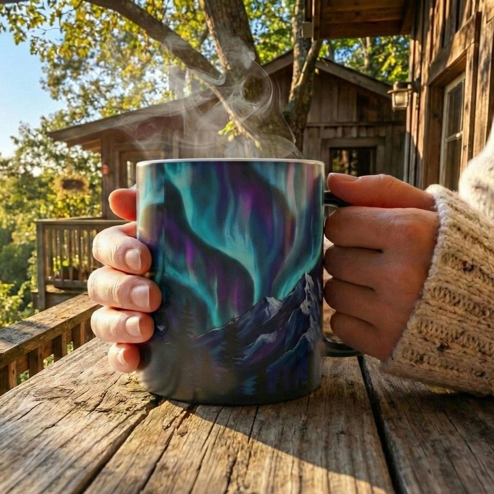 Hand holding the color-changing mug on a cabin porch, revealing a teal and purple aurora borealis over snow-capped mountains as steam rises