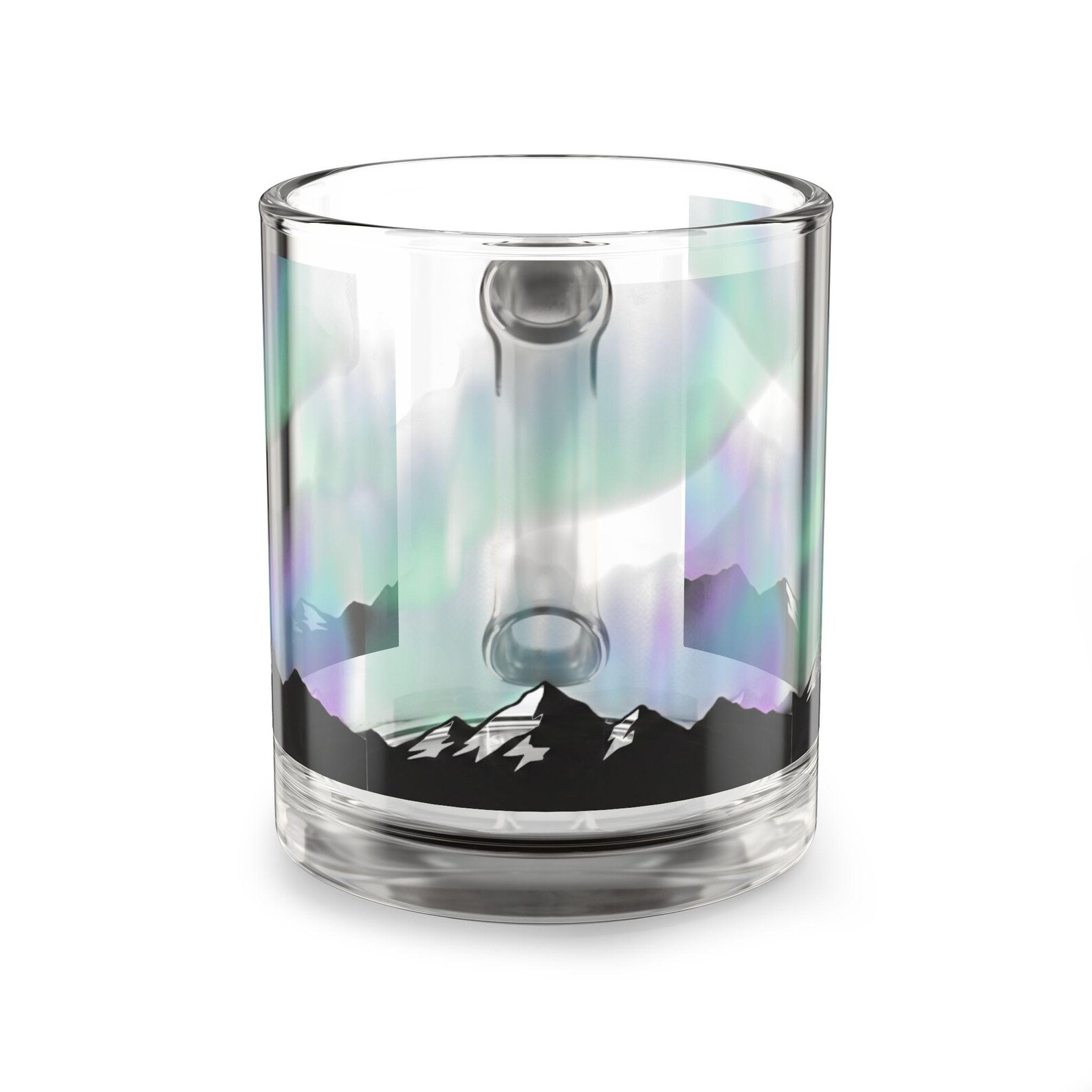 Aurora borealis glass mug photographed from above, showing the rim and the mountain design inside