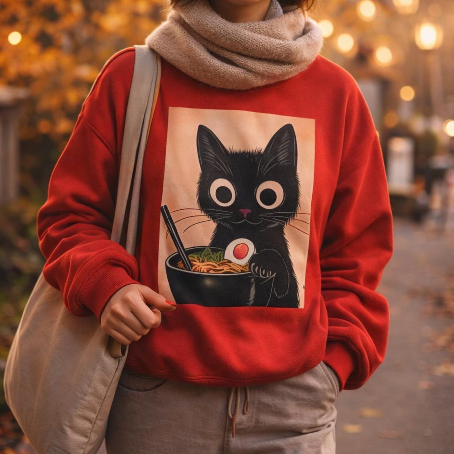 Woman wearing a red crewneck sweatshirt printed with a wide-eyed black cat eating a bowl of ramen, walking on an autumn street with a tote bag