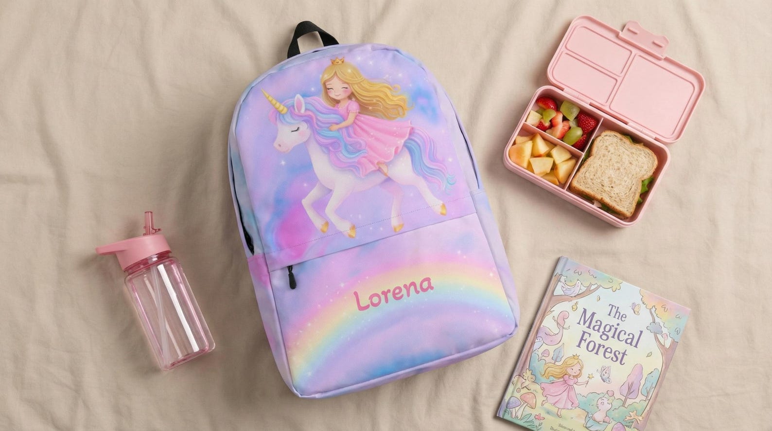 Pastel unicorn and princess backpack personalized with the name "Lorena", styled with a water bottle, lunch box, and storybook