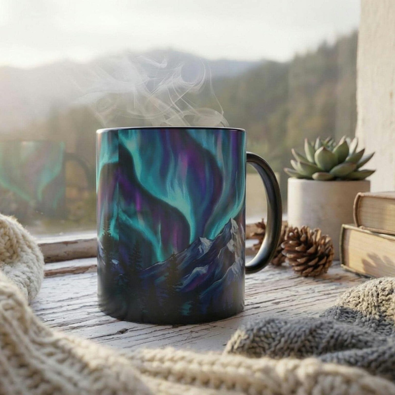 The color-changing mug on a rustic windowsill beside a succulent and stacked books, aurora design fully revealed