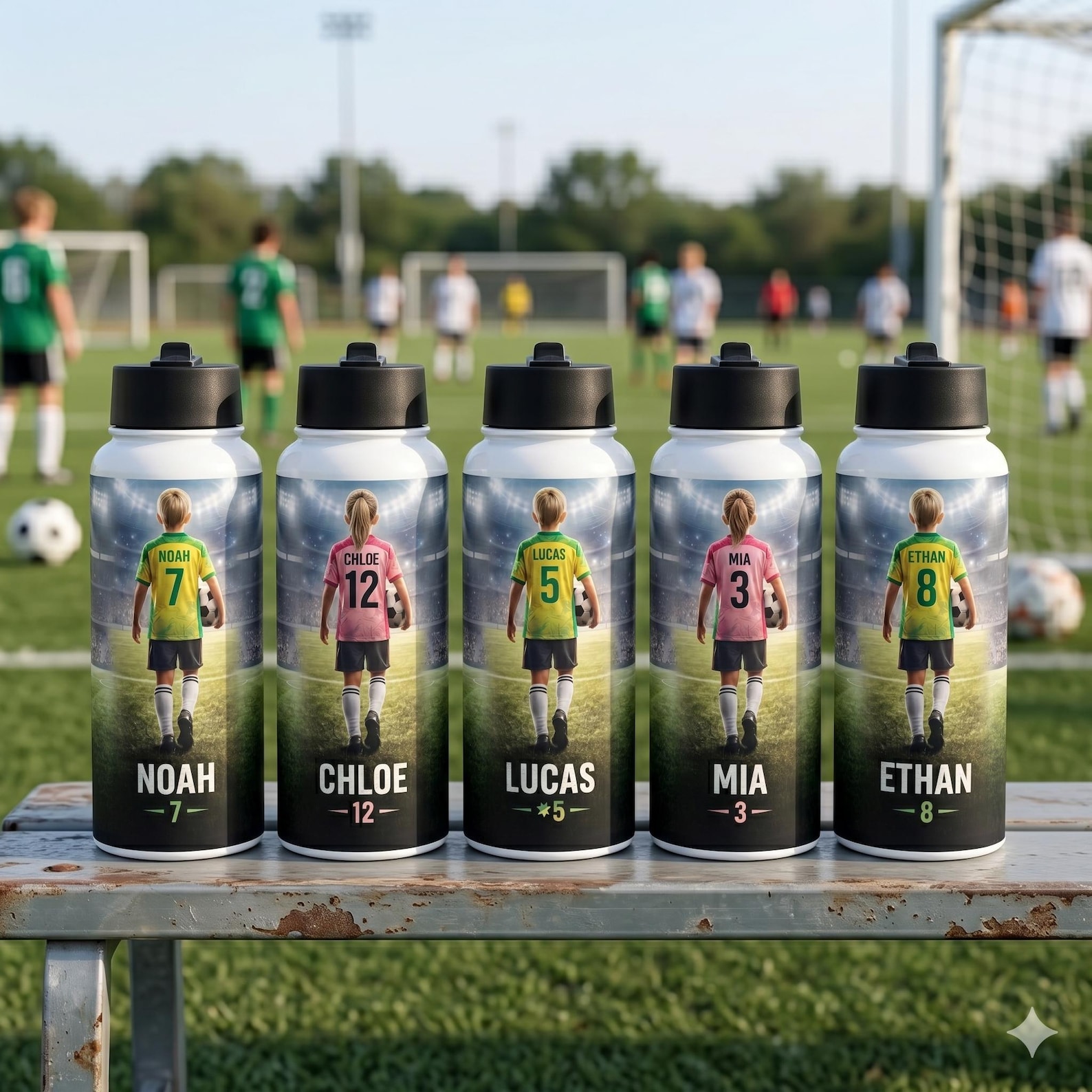 Five personalized soccer water bottles lined up on a bench, each printed with a different child's name and jersey number: Noah, Chloe, Lucas, Mia, and Ethan