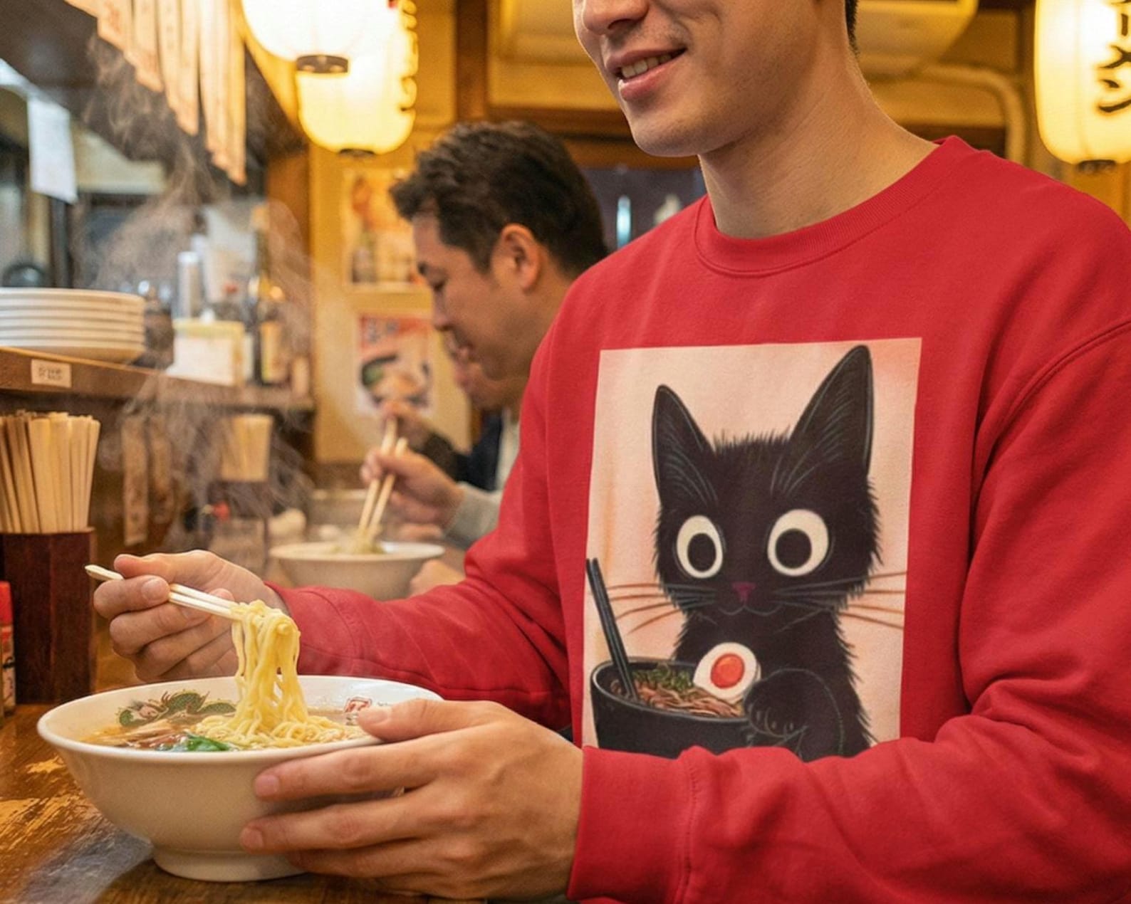 A man wearing the black cat ramen sweatshirt while eating a bowl of ramen at a restaurant