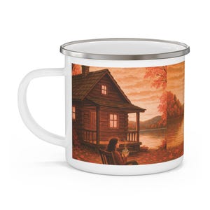 Taza esmaltada con diseño de cabaña otoñal en el lago / Taza de café con paisaje rústico otoñal imagen 7