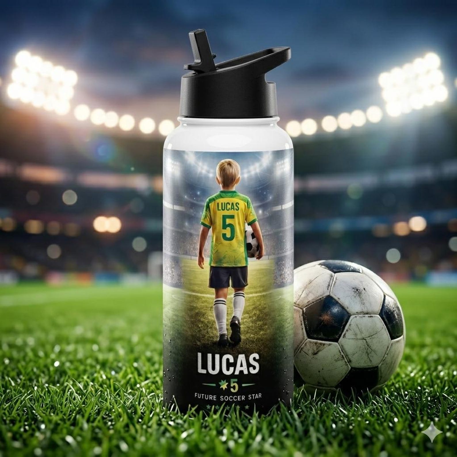 White stainless steel water bottle with a black straw lid, printed with a soccer player in a yellow jersey numbered 5 and the name "Lucas", beside a soccer ball on a stadium field