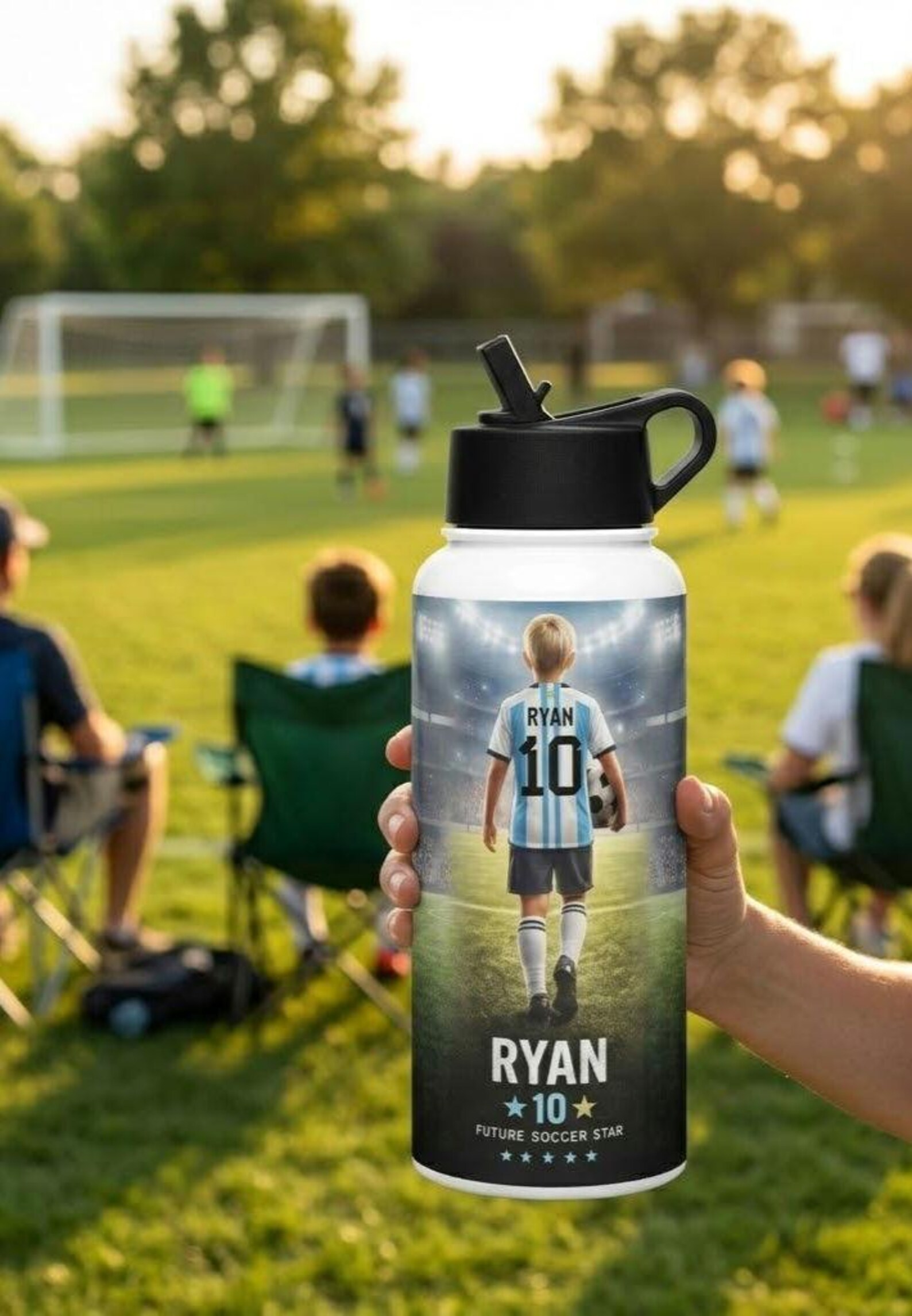 The personalized soccer water bottle printed with a player wearing jersey number 10 and the name "Ryan"