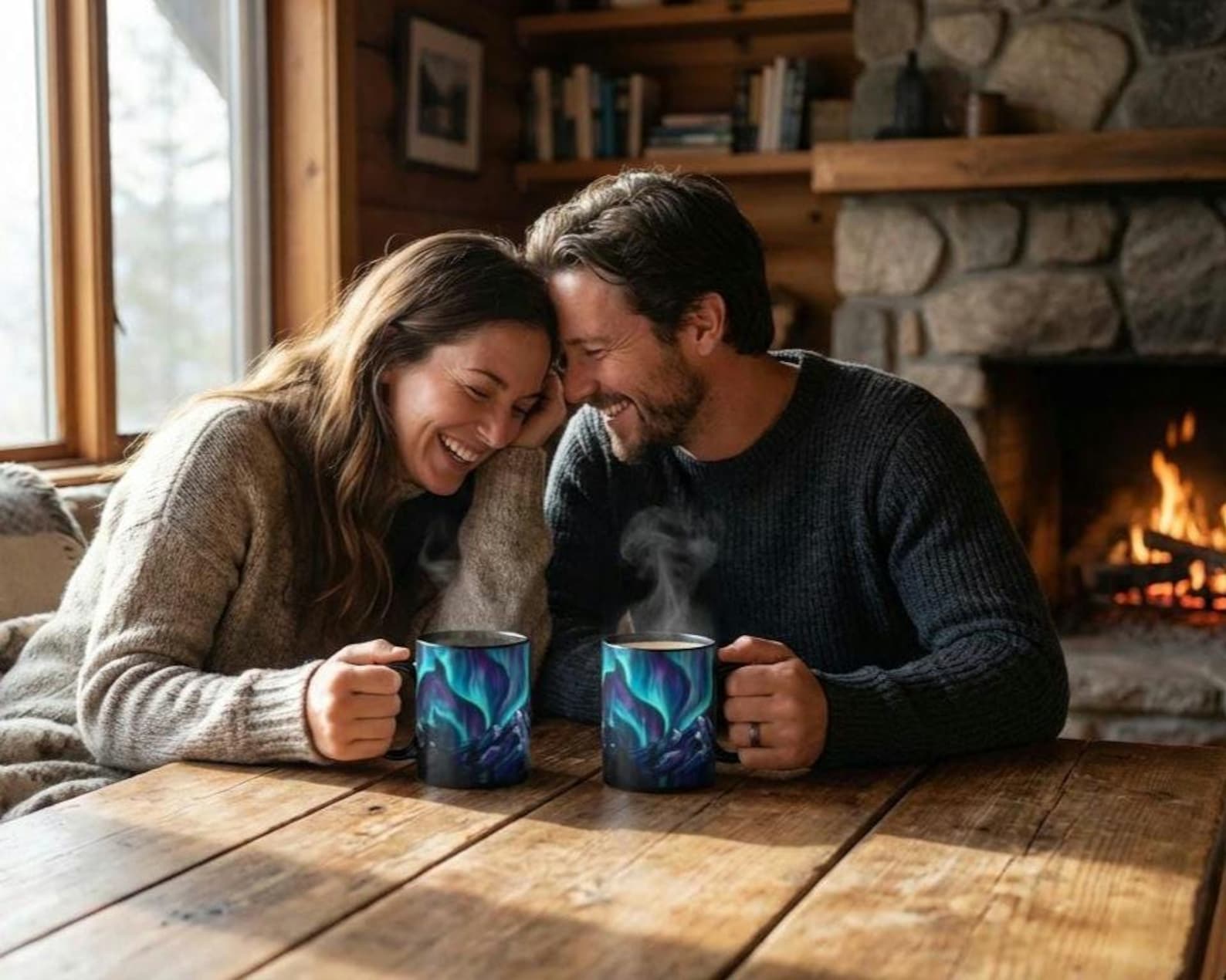 A couple sitting by a fireplace, each holding one of the color-changing mugs with the aurora design revealed