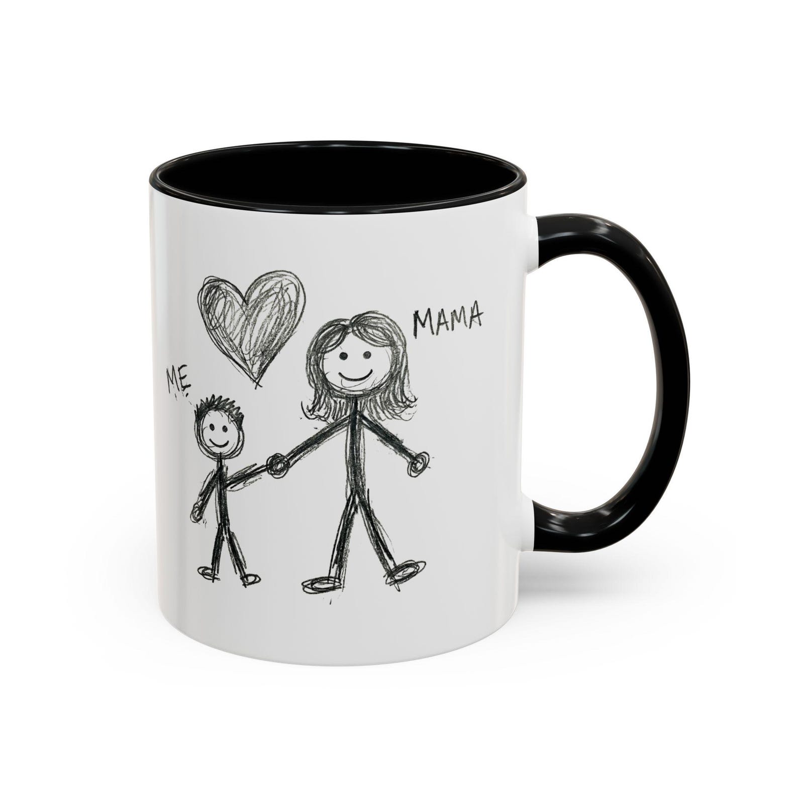 Close-up of a white mug with a black interior and handle, printed with a child's drawing of themselves holding hands with "Mama" under a heart