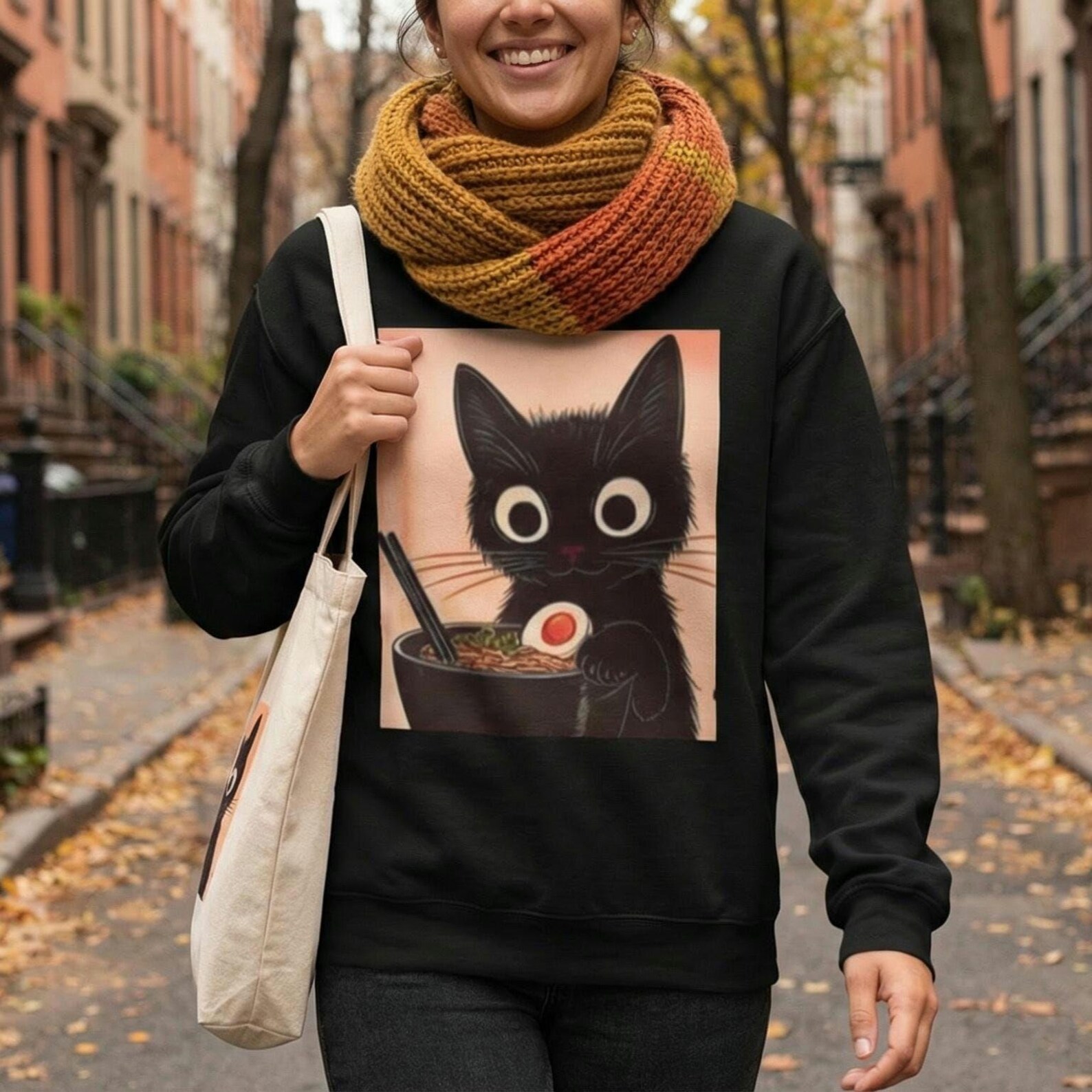 The black cat ramen sweatshirt styled with jeans for a casual outfit