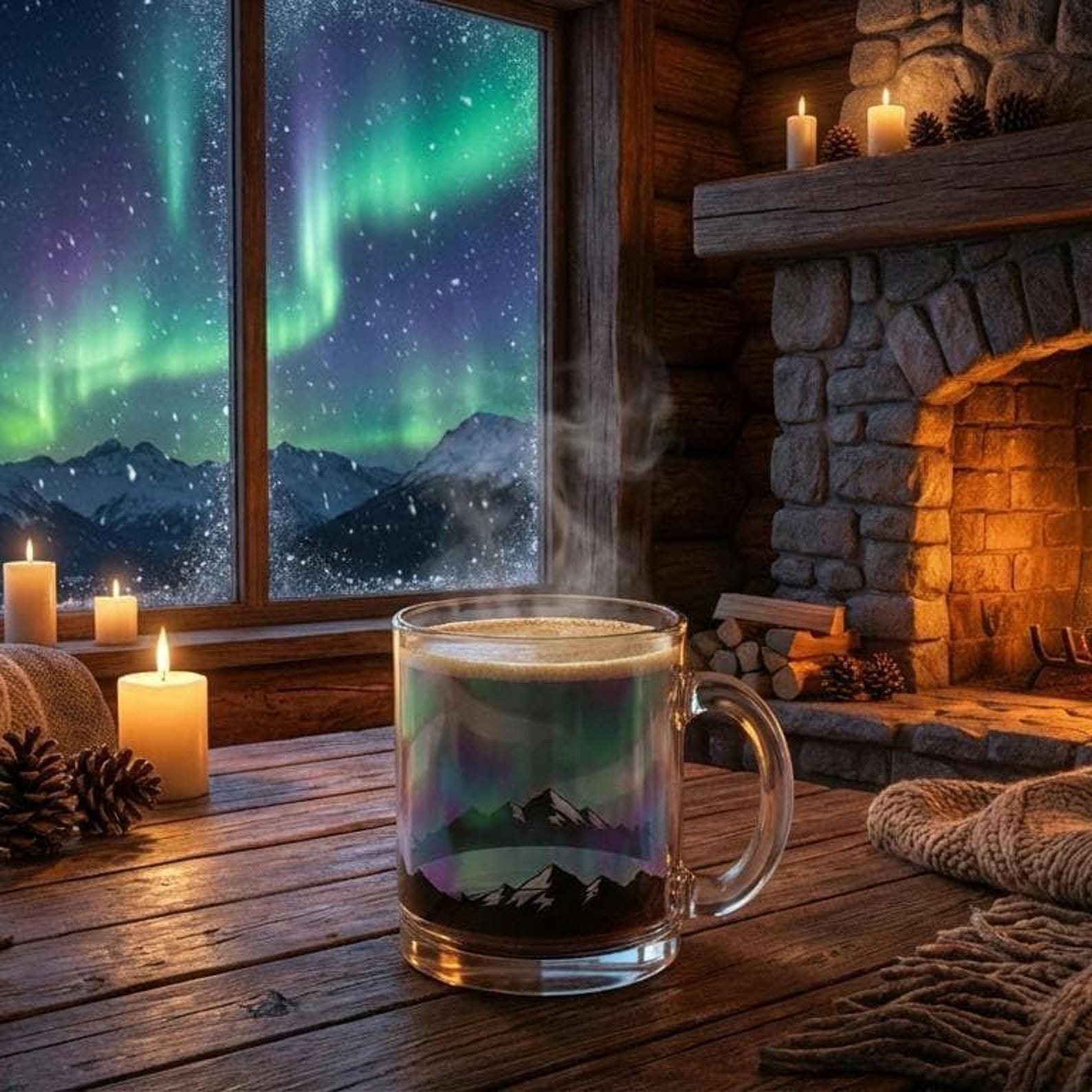 Aurora borealis mug filled with steaming coffee on a rustic table beside a window with snowy mountains and northern lights, next to a lit fireplace
