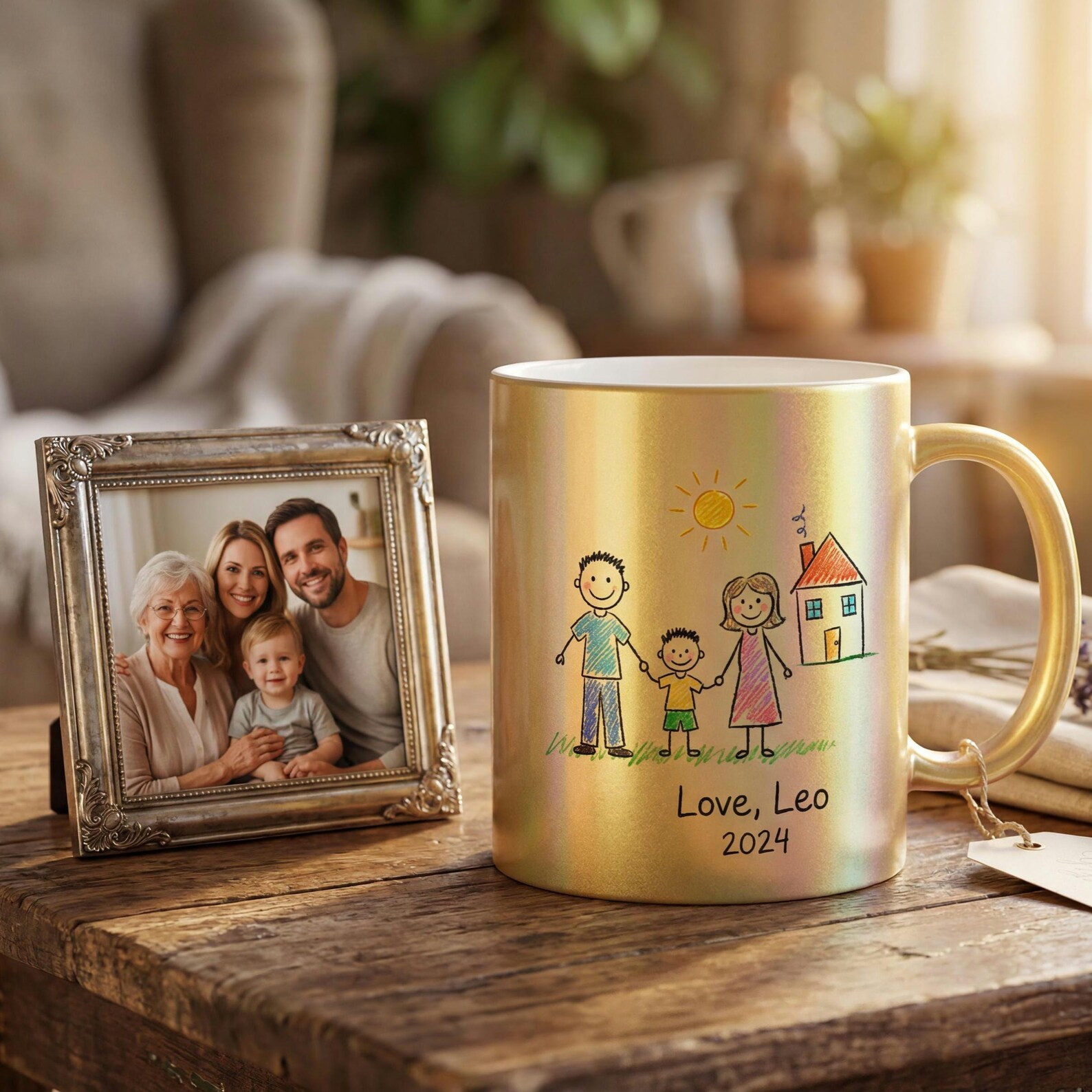 Gold metallic mug printed with a child's family drawing signed "Love, Leo 2024", displayed next to a framed family photo on a wooden table