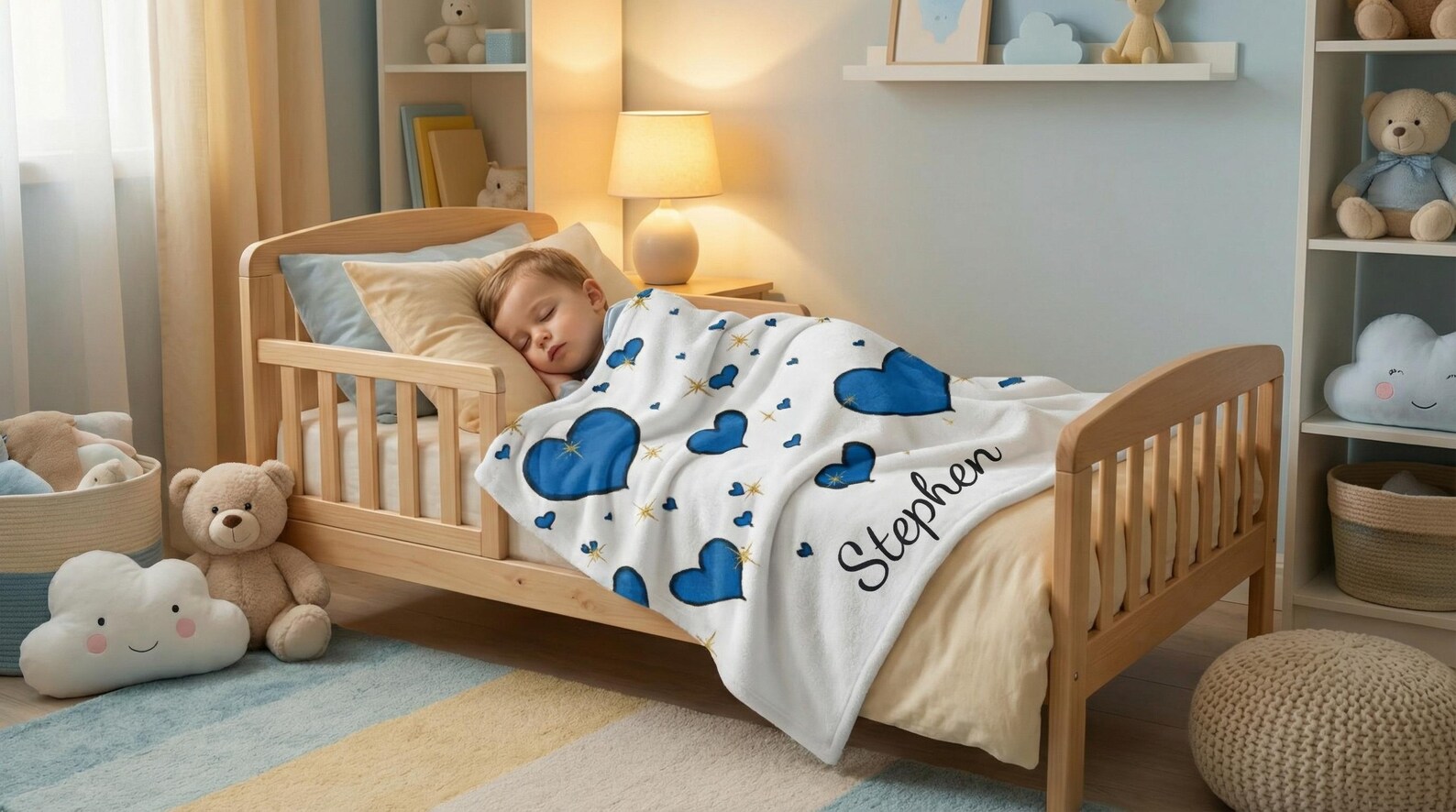 A sleeping toddler tucked in with a white plush blanket featuring a blue heart pattern and the name "Stephen"
