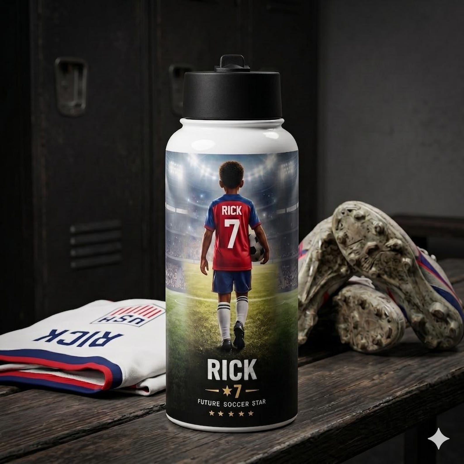 The personalized soccer water bottle printed with a player in a red jersey, the name "Rick", number 7, and a stadium background