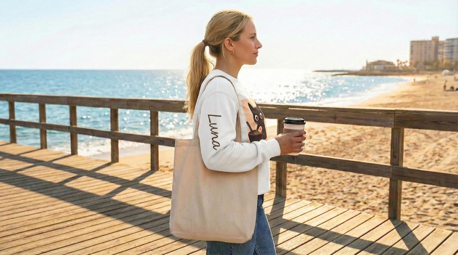 The black cat ramen sweatshirt laid flat, showing the full design and fit