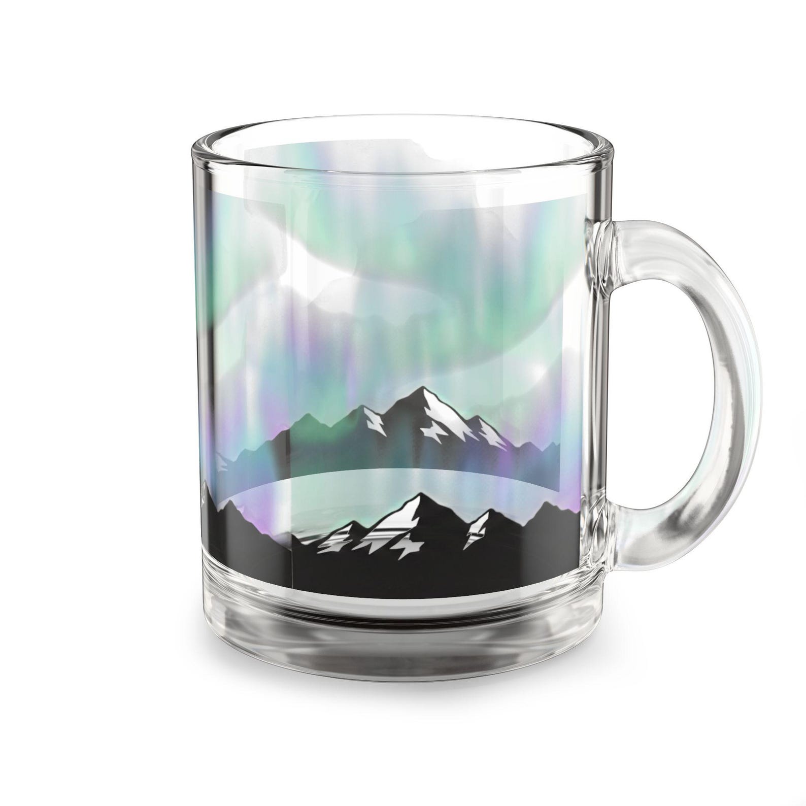 Aurora borealis glass mug on a white background, showing the mountain silhouette and handle