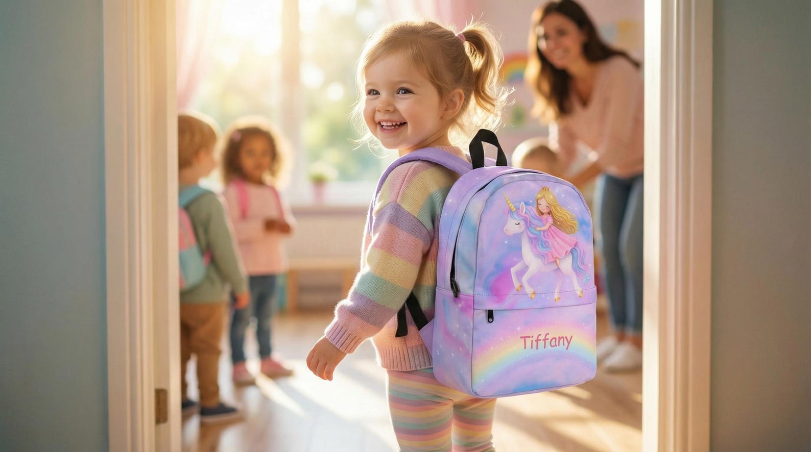 Close-up of the backpack's unicorn and princess illustration