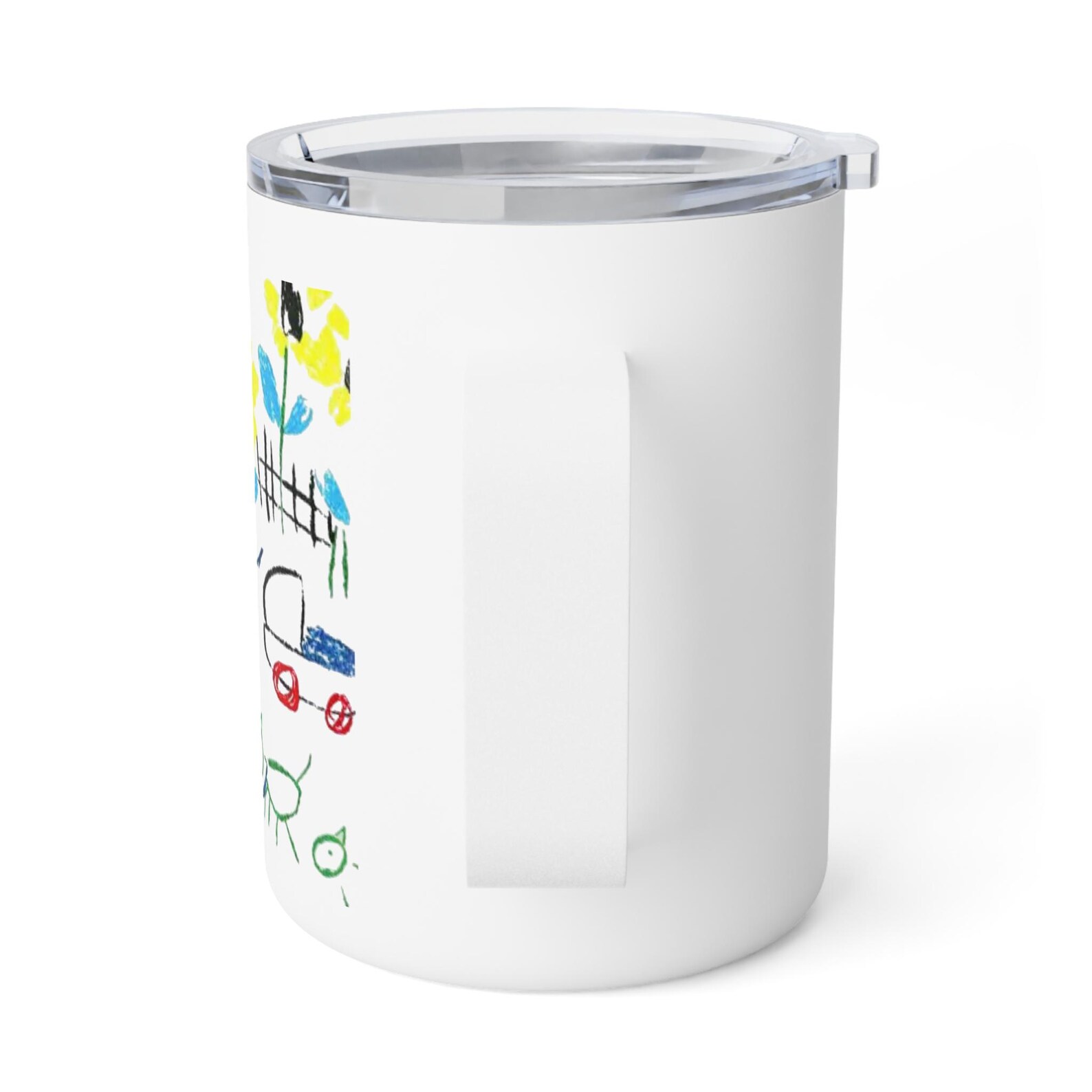 Back of the insulated mug, showing the plain white handle side