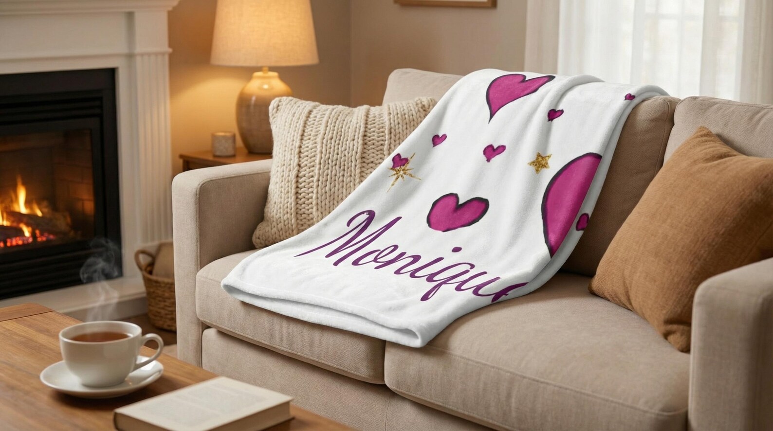 Close-up of the blanket's soft velveteen texture, showing pink hearts and gold star details