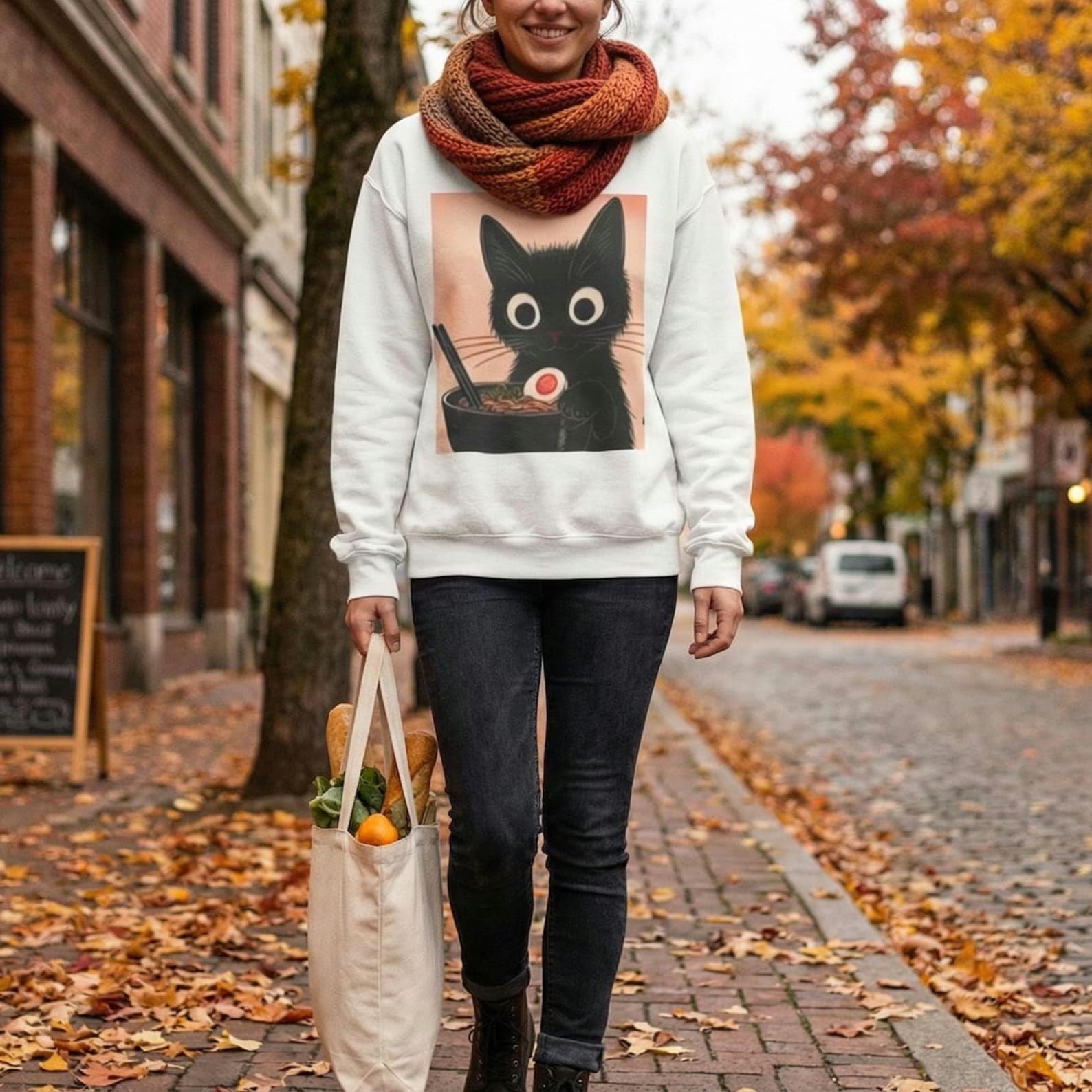 Another lifestyle shot of the black cat ramen sweatshirt