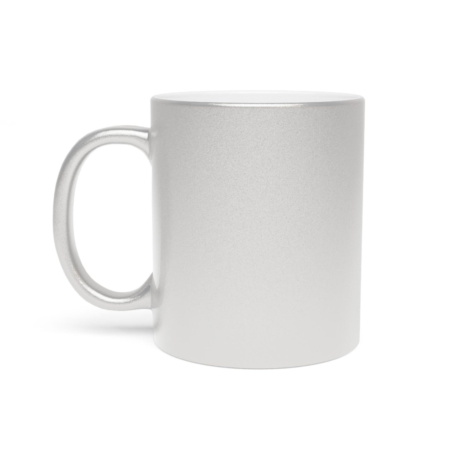Plain silver metallic mug with a white interior, shown on a white background