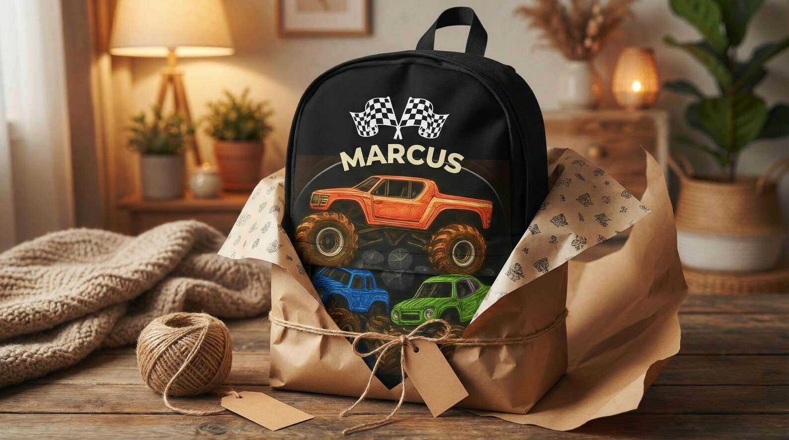 Close-up of the backpack's racing flag icon and personalized name text