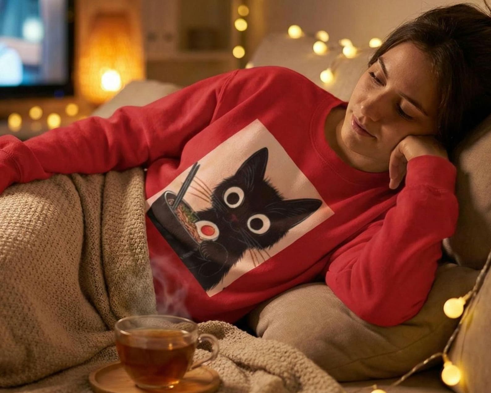 The black cat ramen sweatshirt shown from the back