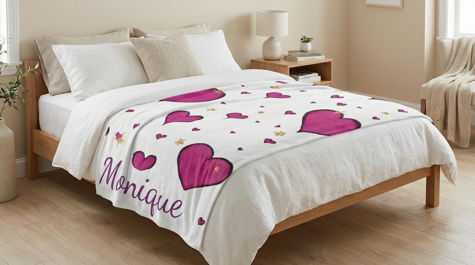 White plush blanket with a magenta heart pattern and gold star accents, personalized with the name "Monique", draped over a bed