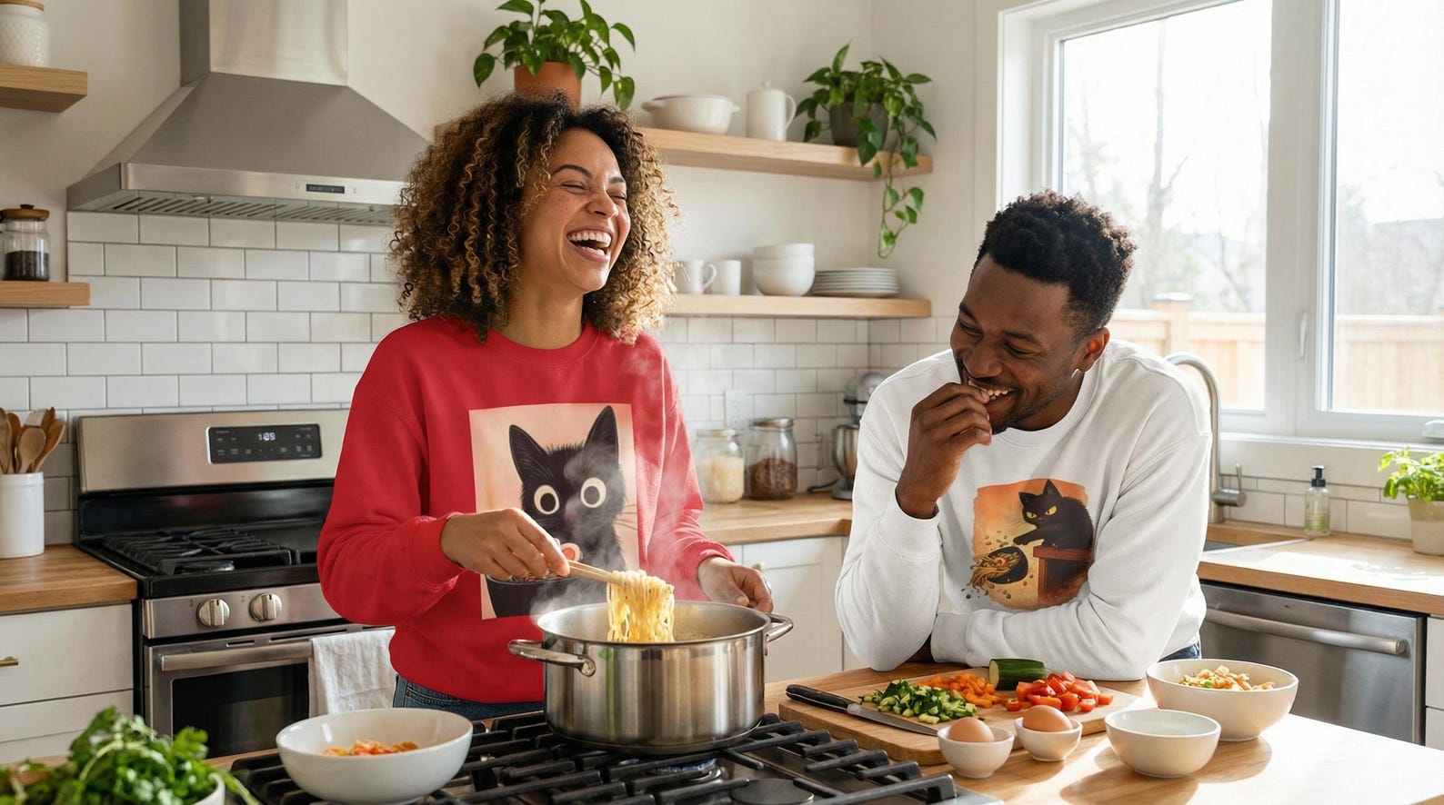 A model wearing the black cat ramen sweatshirt in a cozy indoor setting