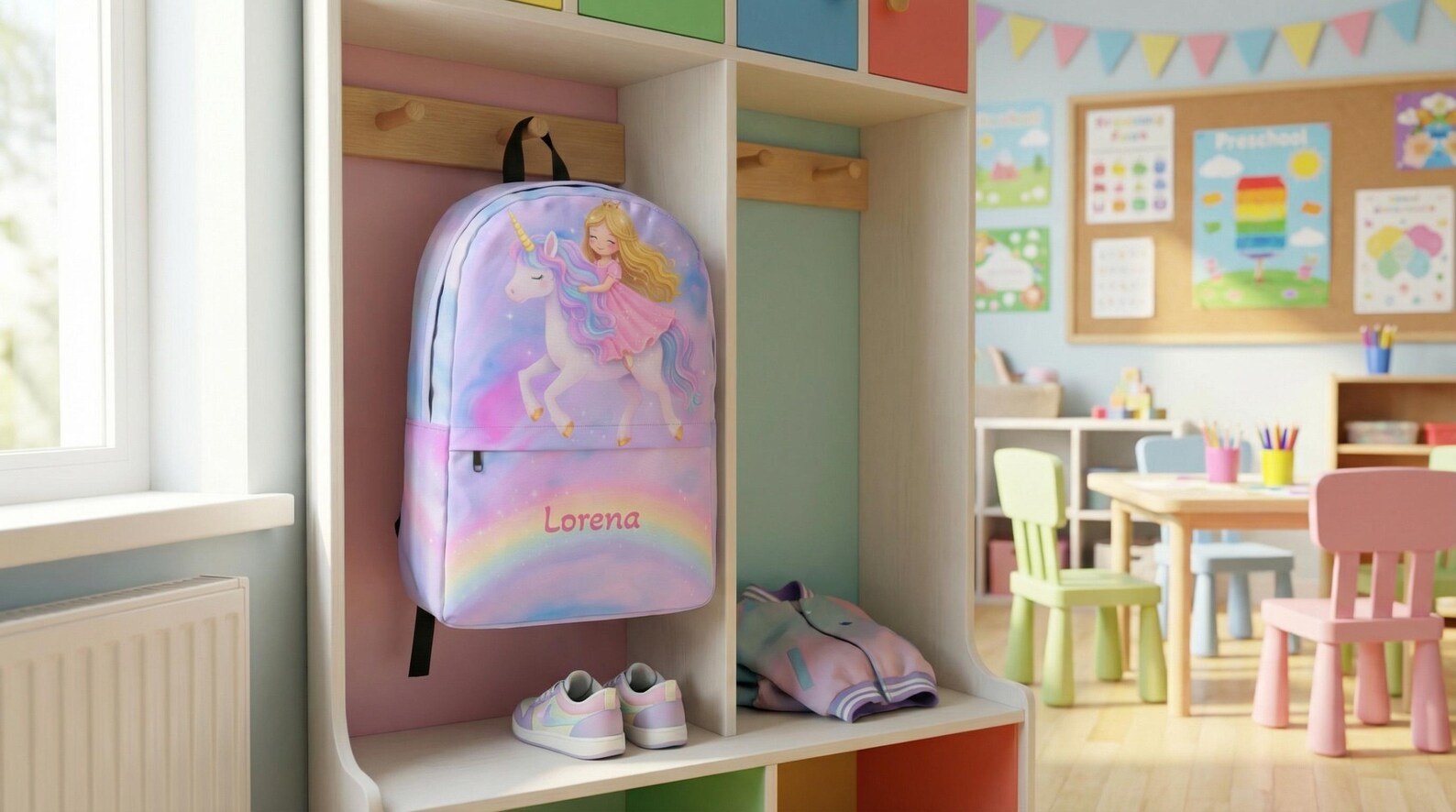 A child wearing the personalized unicorn backpack