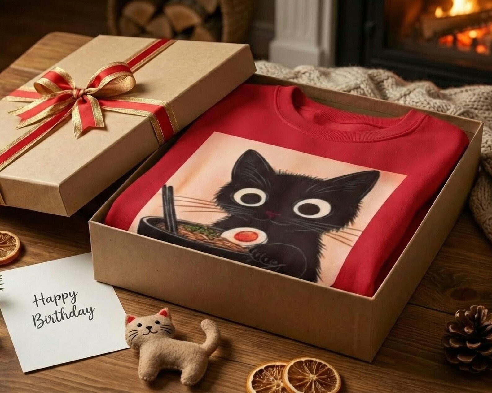 Close-up of the cat's face in the sweatshirt's printed design