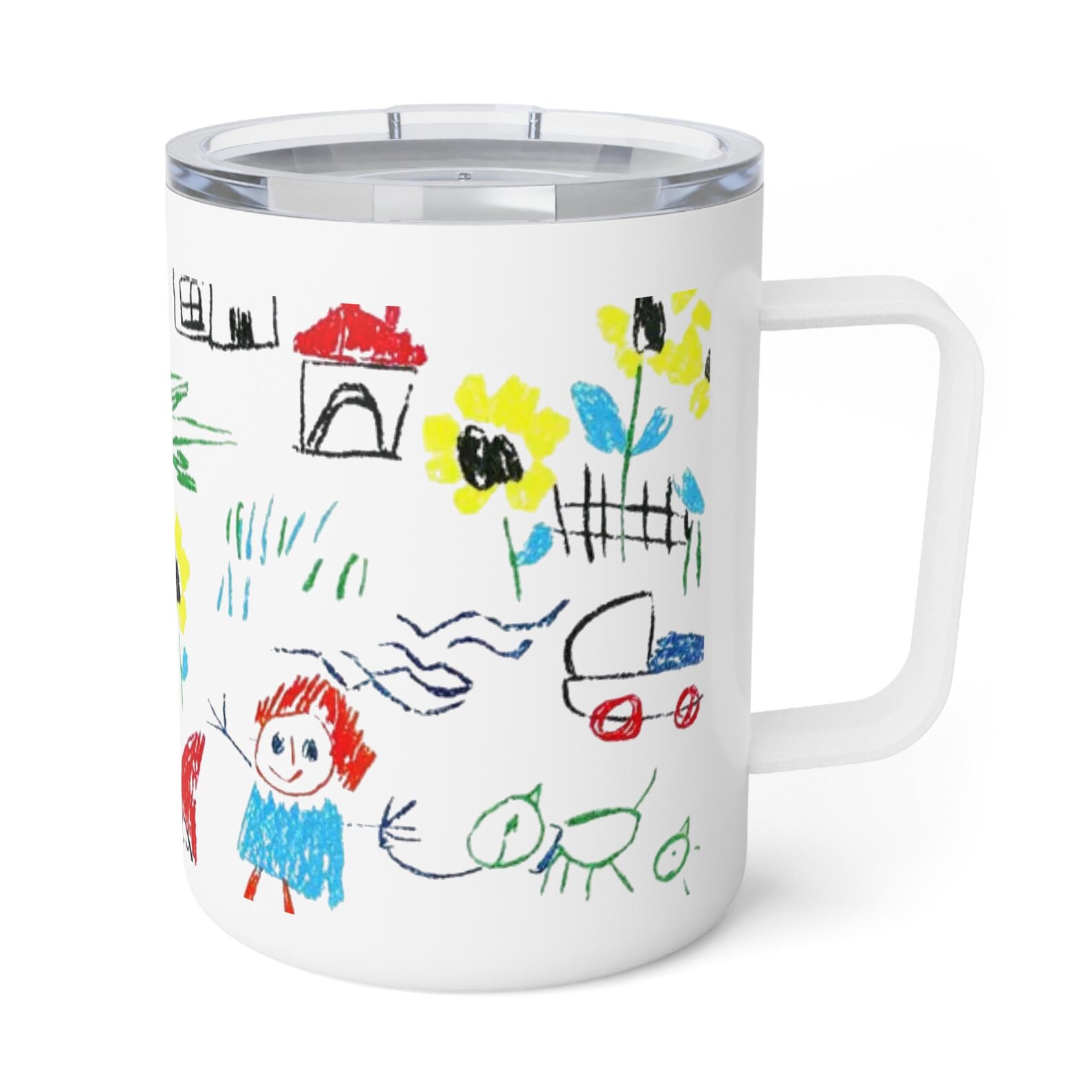 Close-up of the insulated mug printed with a child's drawing of flowers, a house, and family figures