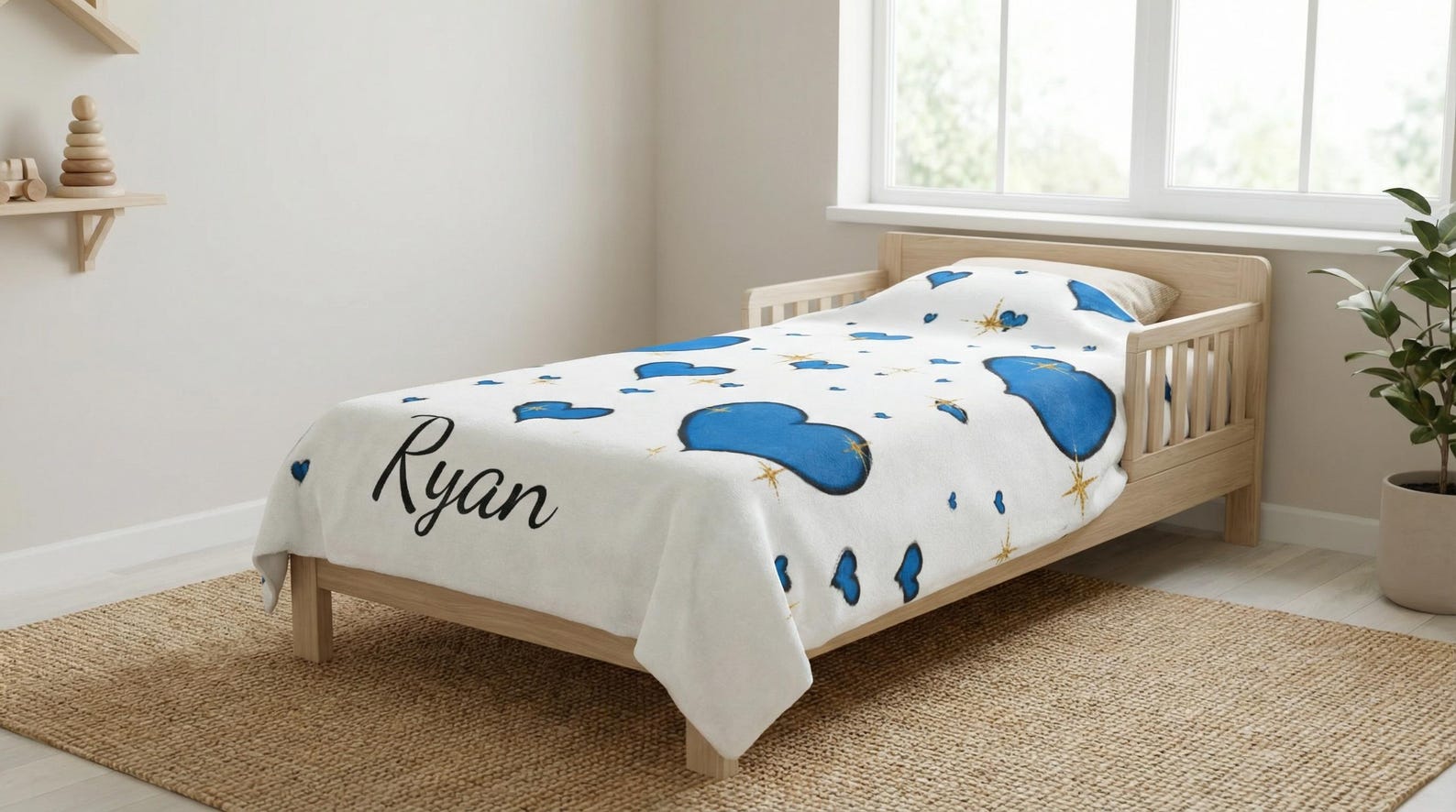 White plush blanket with blue heart pattern personalized with the name "Ryan", draped over a toddler bed