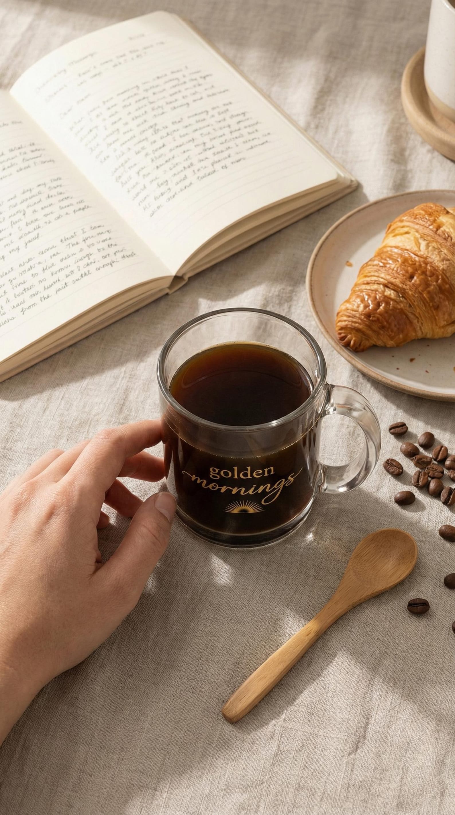 The "golden mornings" glass mug filled with dark coffee, beside a wooden spoon, croissant, and open notebook