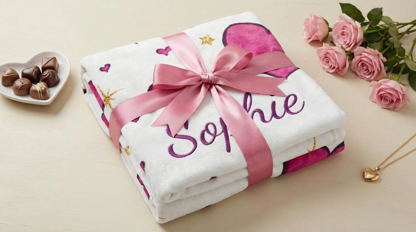 The pink heart blanket folded to show the personalized name and heart pattern
