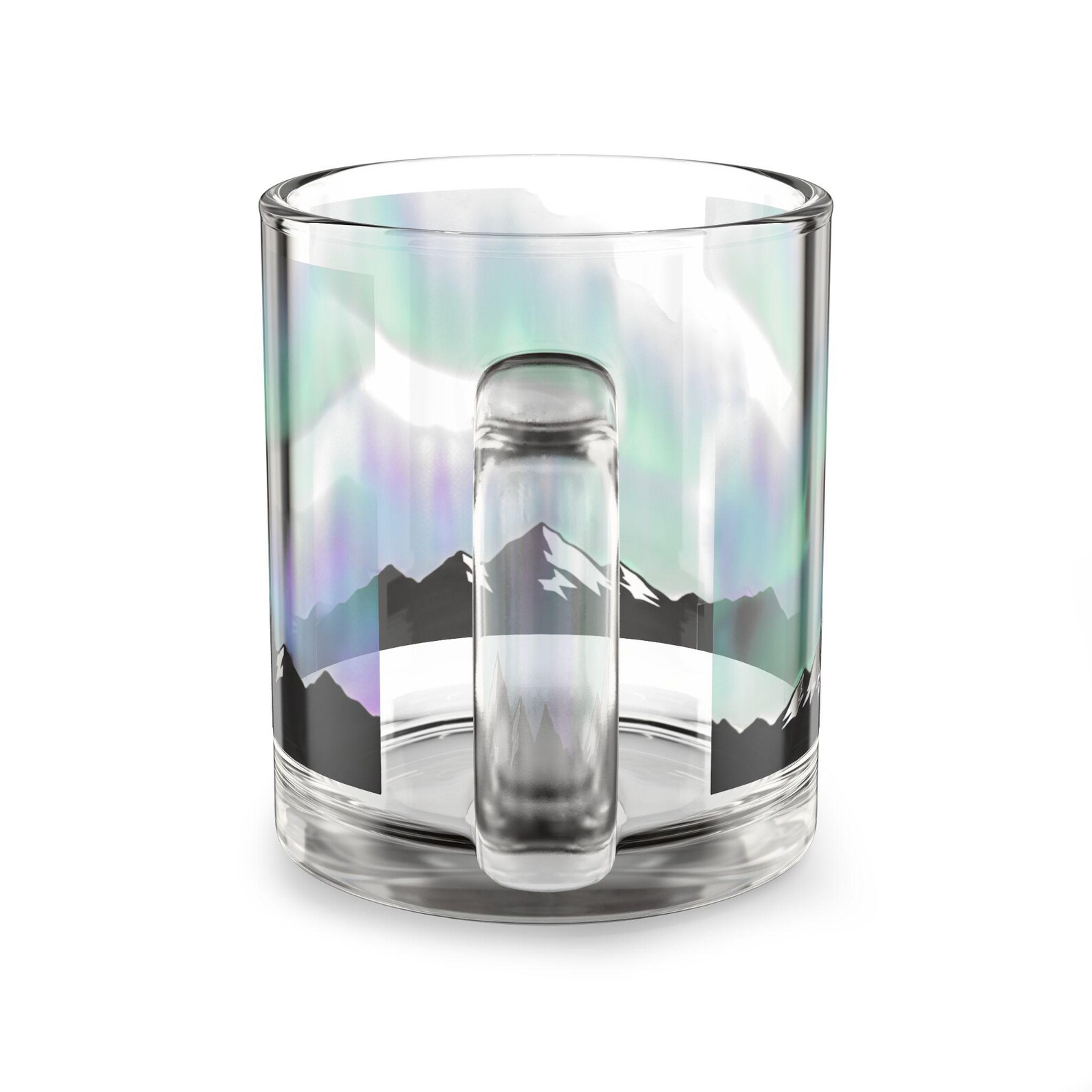 Aurora borealis glass mug on a white background with the handle facing forward